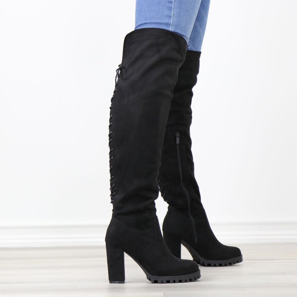 Full Lace-Up Back Black Faux Suede Thigh High Over The Knee Lug Block Heel Boots - Picture 6 of 14